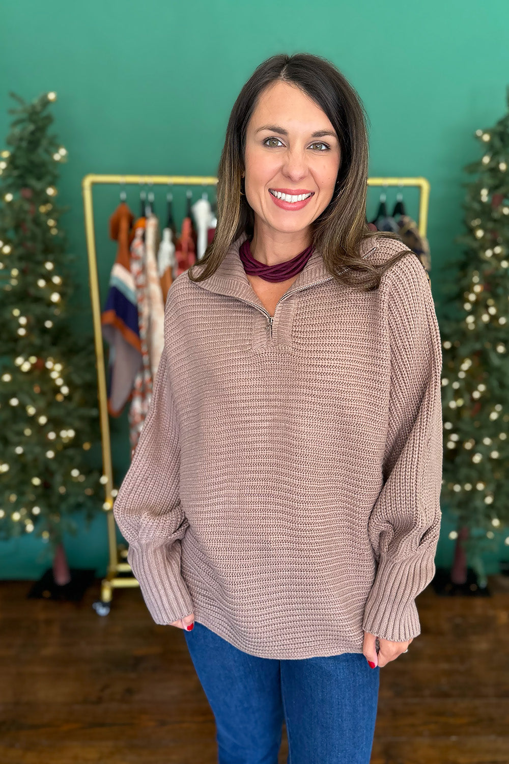 Knit Zip Up Pullover Sweater Mocha