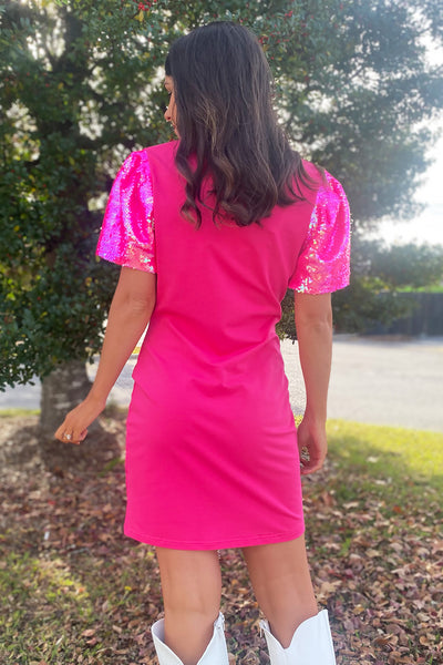 Bright Pink Sequin Sleeve Dress