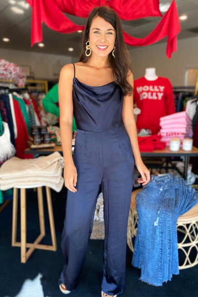 Navy Silky Cowl Neck Jumpsuit